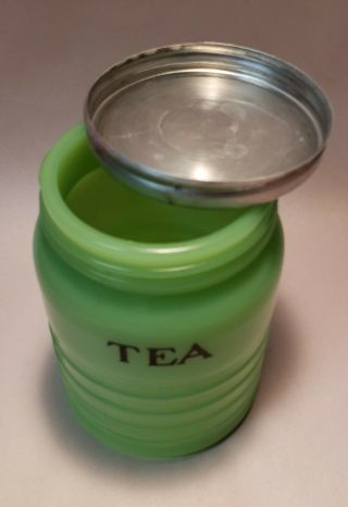 Vintage Jadeite Glass TEA Jar w/ Lid - Jeanette Glass Co.  - Depression Glassware 5