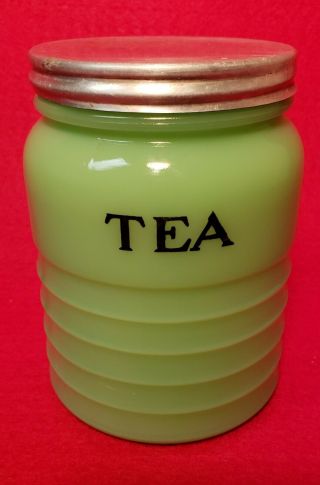 Vintage Jadeite Glass TEA Jar w/ Lid - Jeanette Glass Co.  - Depression Glassware 6