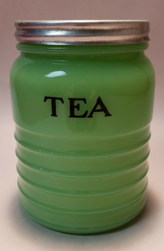 Vintage Jadeite Glass TEA Jar w/ Lid - Jeanette Glass Co.  - Depression Glassware 7