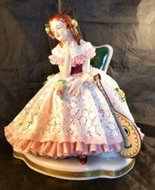 Dresden Volkstedt Seated Girl W Lute Mandolin 8 Inch Figurine Gorgeous Lace