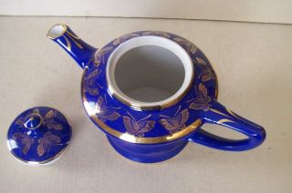 Vintage Hall Teapot Cobalt Blue w/ Gold Trim & Gold Butterflies 6 Cup 0156 EX 4
