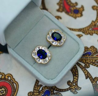 VINTAGE JEWELLERY GOLD EARRING BLUE AND WHITE SAPPHIRES EAR RINGS 2
