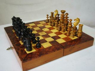 Antique French Chess Set K 63 Mm And Vintage Thuya Wood Chess Backgammon Board