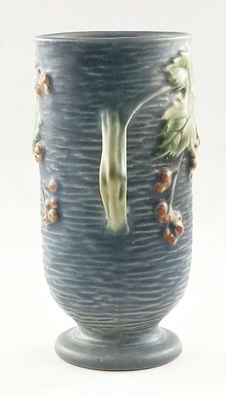 Vtg Roseville Pottery Bushberry Blue Double Handled Vase 29 - 6 COND 2