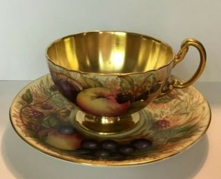 Vintage Aynsley Heavy Gold Orchard Fruit Tea Cup & Saucer Signed N Brunt 2