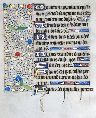 Medieval Illuminated Manuscript Book Of Hours Leaf 1450,  Borders,  Gold