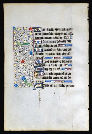 MEDIEVAL ILLUMINATED MANUSCRIPT BOOK OF HOURS LEAF 1450,  BORDERS,  GOLD 2