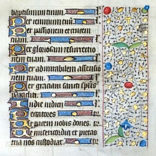 MEDIEVAL ILLUMINATED MANUSCRIPT BOOK OF HOURS LEAF 1450,  BORDERS,  GOLD 3