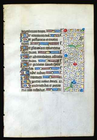 MEDIEVAL ILLUMINATED MANUSCRIPT BOOK OF HOURS LEAF 1450,  BORDERS,  GOLD 4
