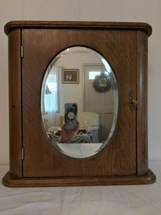 Gorgeous Antique Oak Bathroom Vanity Medicine Cabinet With Mirror & Lock