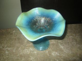 Rare Vintage Northwood Hearts And Flowers Blue Green Carnival Glass Compote