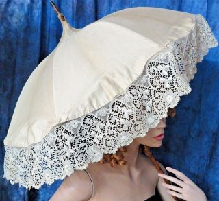 Antique Victorian Era Parasol Umbrella Bent Wood Handle Cotton Alencon Lace Ecru