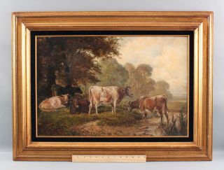Large 19thc Antique Pastoral Country Cow Cattle Landscape Oil Painting,  Nr