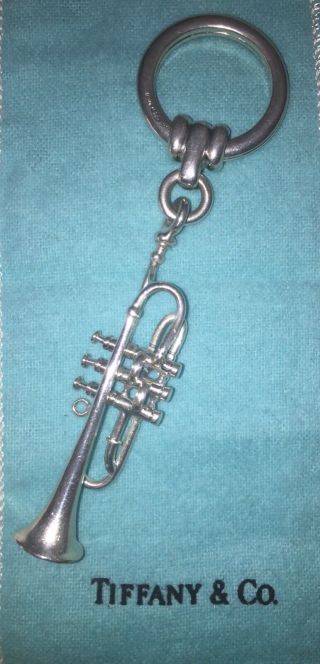 Rare Tiffany & Co.  Sterling Silver Trumpet Keyring Key Ring Key Chain Jazz Band