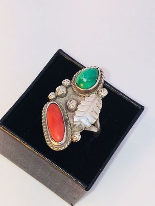 Vintage Southwestern Sterling Silver Turquoise And Red Coral Ring