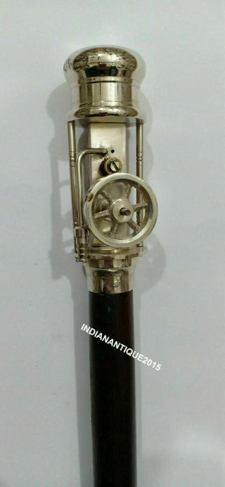Antique Walking Stick Cane W/ Steam Engine Model Top Brass Finish Item