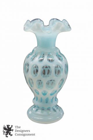 Vintage Fenton Art Glass Aqua Opalescent Coin Dot Bud Vase Ruffled Edge 8.  5 "