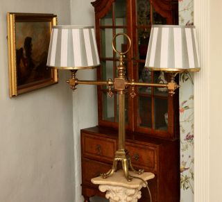 A Large Antique Classical Cast Brass Library Lamp (converted) & Duck Egg Shades
