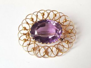 Antique Large 9ct Gold Amethyst Brooch Pin 10.  2 Grams