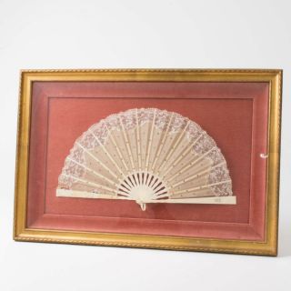 Antique Victorian Era Fan W.  Sequins & Lace Framed In Pink Velvet 14 " X 17 "