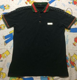 Gucci Mens Large Polo Shirt Long Sleeve Black Green Red Gg Vintage