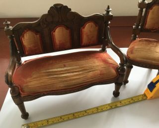 Antique large dolls house / apprentice furniture chairs,  table,  footstool settee 11