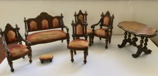 Antique Large Dolls House / Apprentice Furniture Chairs,  Table,  Footstool Settee