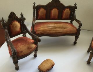 Antique large dolls house / apprentice furniture chairs,  table,  footstool settee 2