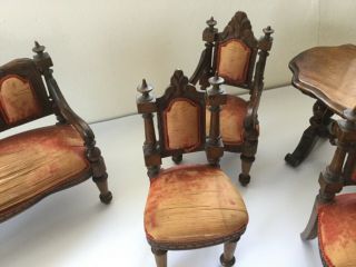 Antique large dolls house / apprentice furniture chairs,  table,  footstool settee 4