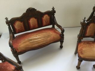 Antique large dolls house / apprentice furniture chairs,  table,  footstool settee 5