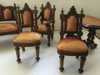 Antique large dolls house / apprentice furniture chairs,  table,  footstool settee 6