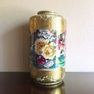 Huge Antique Nippon Hand Painted Porcelain Vase Roses & Gold Moriage 14.  5” 1900
