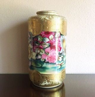 Huge Antique Nippon Hand Painted Porcelain Vase Roses & Gold Moriage 14.  5” 1900 3
