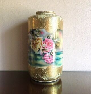 Huge Antique Nippon Hand Painted Porcelain Vase Roses & Gold Moriage 14.  5” 1900 4