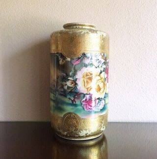 Huge Antique Nippon Hand Painted Porcelain Vase Roses & Gold Moriage 14.  5” 1900 5