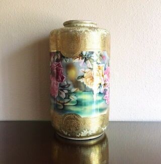 Huge Antique Nippon Hand Painted Porcelain Vase Roses & Gold Moriage 14.  5” 1900 6
