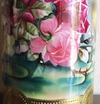 Huge Antique Nippon Hand Painted Porcelain Vase Roses & Gold Moriage 14.  5” 1900 9