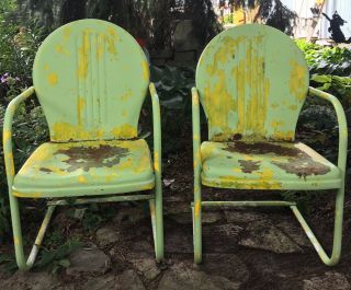 2 Vintage Metal Lawn Chairs Patio Outside Distressed Authentic Shabby Chic