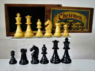 Antique Vintage Chess Set Staunton Pattern K 80 Mm And Orig Box - No Board