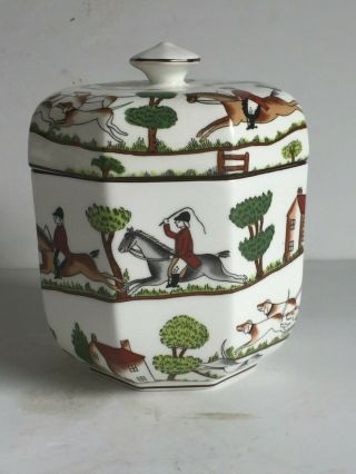 Vintage Crown Staffordshire Bone China Equestrian Hunting Scene Biscuit Jar Box