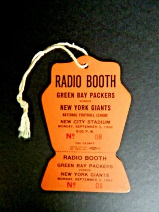 Vintage 9 - 3 - 1962 Green Bay Packers Vs York Giants Radio Booth Pass Ticket