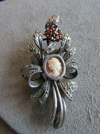 Large Vintage Sterling Silver Cameo Garnet Floral Bow Brooch Pendant