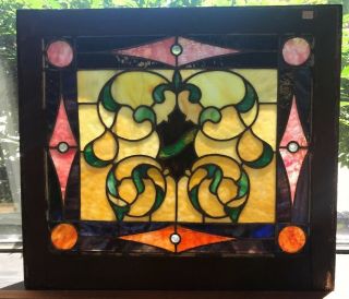 Fine Antique Arts & Crafts Stained Glass Window W/ 4 Jewels Approx 25”x28”