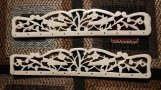 Pair Hand Carved Bone Vintage Purse Handles With Birds & Flowers In Latticework