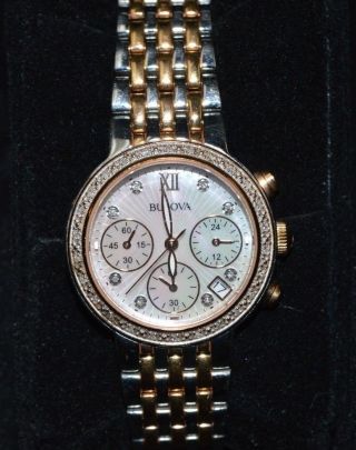 Bulova 98r215 Mop Diamonds Accented Chronograph Date Glitz Watch