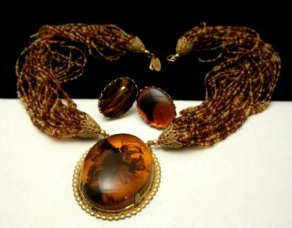 Rare Vintage Signed Miriam Haskell Faux Tortuous Necklace & Clip Earring Set A8