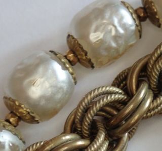 Vintage Miriam Haskell Gilt Brass Chain Baroque Pearl Bracelet