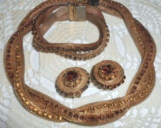 Vintage Signed Hobe Mesh Necklace Bracelet Clip On Earrings Set Amber Rhinestone