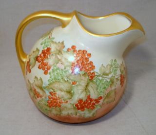 Rare Vintage Hall China Hand Painted Ball Jug W/ Currents,  Leaves & Gold Trim