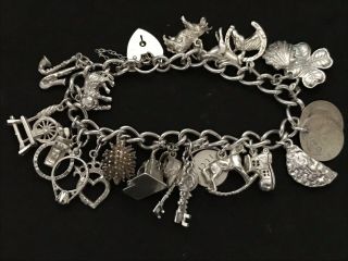 Vintage Sterling Silver Charm Bracelet with 21 Silver Charms.  61 grams 3